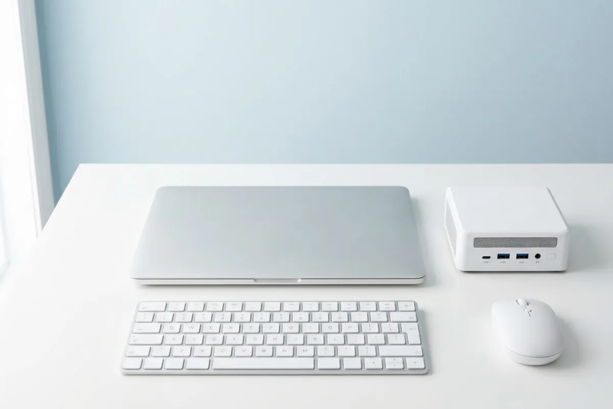 Portátil cerrado, teclado, ratón y miniordenador sobre un escritorio blanco.